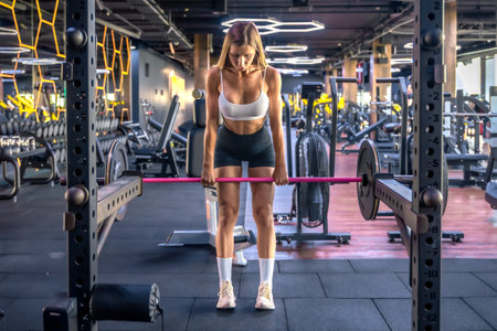 Sporty girl does exercises with a barbell in gym.の写真素材