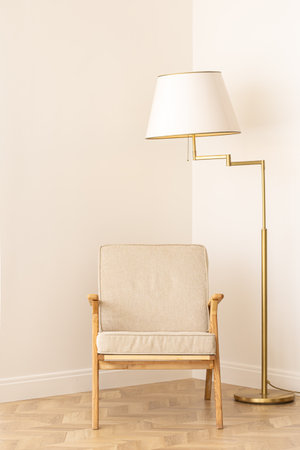 Stylish floor lamp with a chair in the interior. Interior and style concept.の写真素材