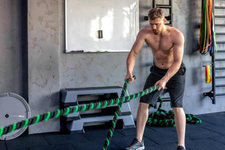 Ahlete performs triceps exercises with cross fit rope. Sports lifestyle.の写真素材