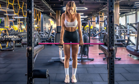 Sporty girl does exercises with a barbell in gym.の写真素材
