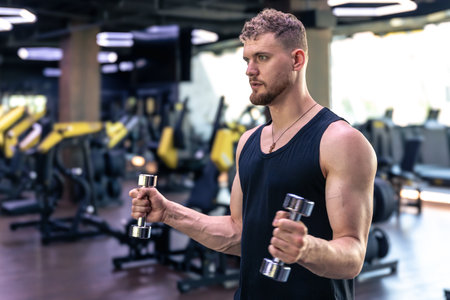 Young athletic man swings his arms with dumbbells in the gym. Sport lifestyle.の写真素材