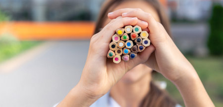 Schoolgirl with pencils in hands close-up. Student with school supplies on school background. Smilesの写真素材