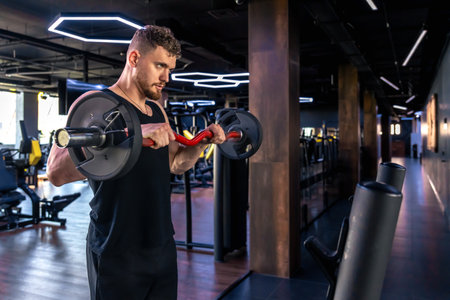 An athlete with a barbell swings his arms in the gym. Sport lifestyle.の写真素材