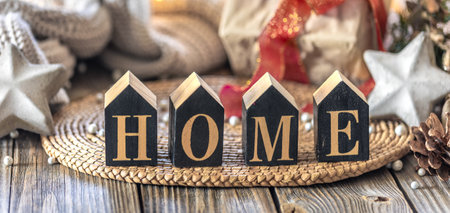 Cozy Christmas composition. Still life home decor in a cozy home.の写真素材