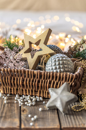 Christmas decorations in a basket. Composition with Christmas decorations.の写真素材