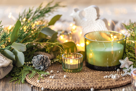 Cozy Christmas composition. Christmas candle.の写真素材