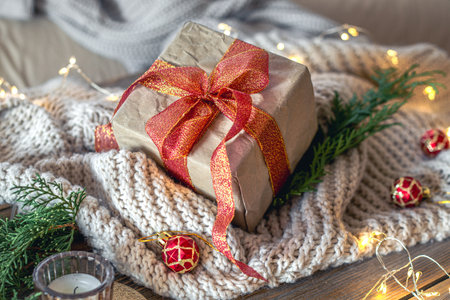 Christmas composition with a festive gift. Christmas concept.の写真素材