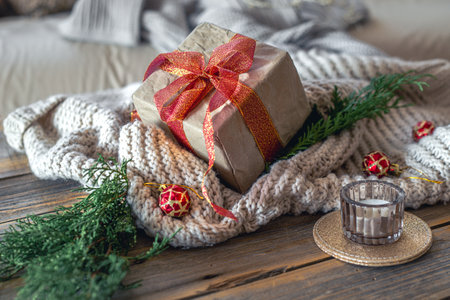 Christmas composition with a festive gift. Christmas concept.の写真素材