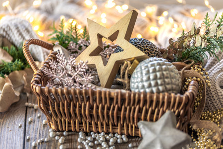 Christmas decorations in a basket. Composition with Christmas decorations.の写真素材