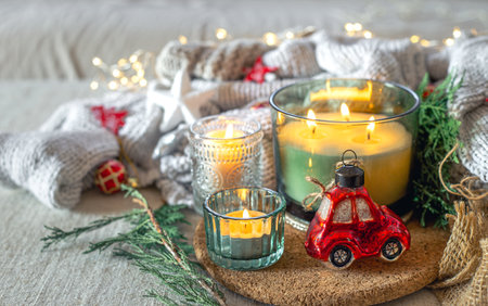 Cozy Christmas composition with candles. Christmas concept.の写真素材