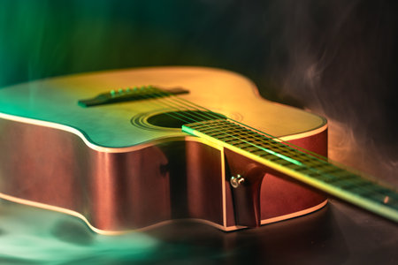 Close up of guitar and strings with shallow depth of field, soft focus.の写真素材