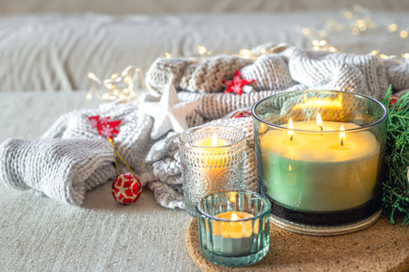 Cozy Christmas composition with candles. Christmas concept.の写真素材