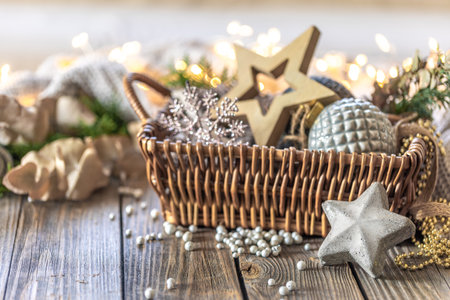 Christmas decorations in a basket. Composition with Christmas decorations.の写真素材