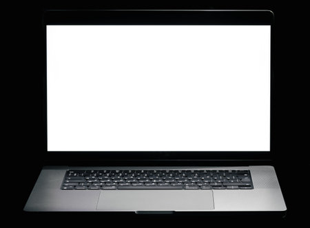 Modern laptop with blank white screen isolated on black background. Close up.の写真素材