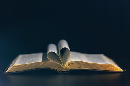 Open Bible on a black background. Religion concept.