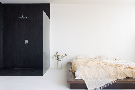 Interior of a room with a bed and a shower. Minimalist interior of the room.の写真素材
