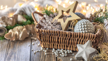 Christmas decorations in a basket. Composition with Christmas decorations.の写真素材
