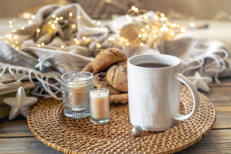 Christmas atmospheric composition with coffee and Christmas decorations.の写真素材