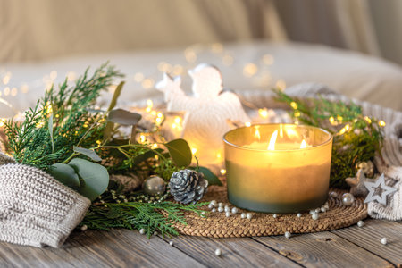 Cozy Christmas composition. Christmas candle.の写真素材