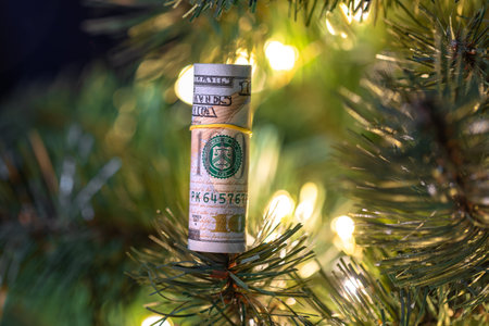 Dollar bill hanging on Christmas tree with bokeh lights.の写真素材