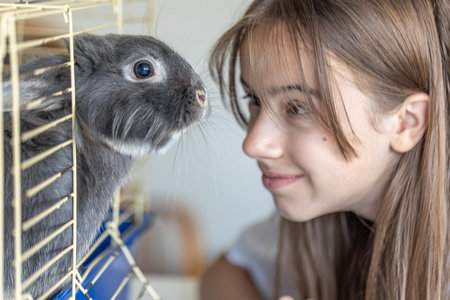 A rabbit lies in a cage. A girl with a rabbit. Brown rabbit close up.の写真素材