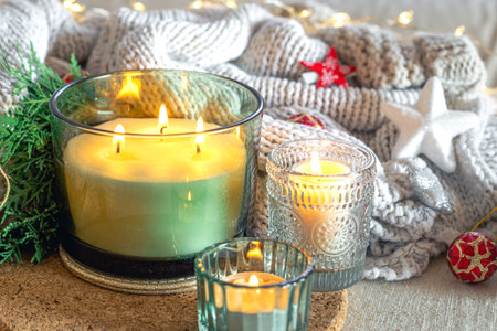 Cozy Christmas composition with candles. Christmas concept.の写真素材