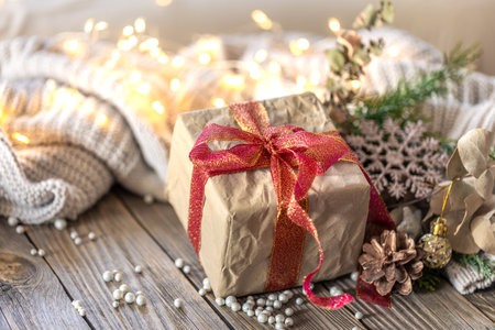 Christmas composition with a festive gift. Christmas background.の写真素材