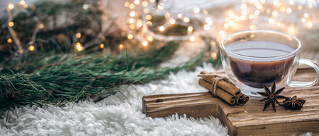 Christmas background with cup of coffee and cinnamon. Christmas concept.の写真素材