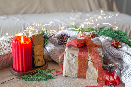Christmas composition with a festive gift. Christmas concept.の写真素材
