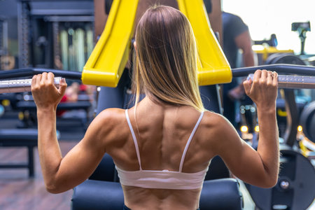 The girl swings her back on the exercise machine.の写真素材