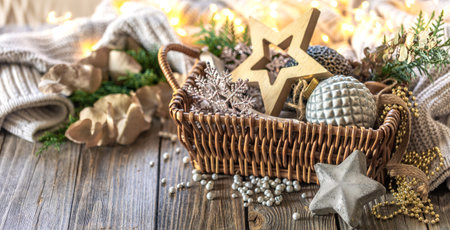 Christmas decorations in a basket. Composition with Christmas decorations.の写真素材