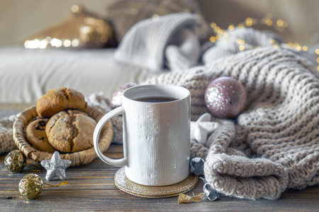 Christmas atmospheric composition with coffee and cookies.の写真素材