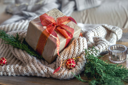 Christmas composition with a festive gift. Christmas concept.の写真素材