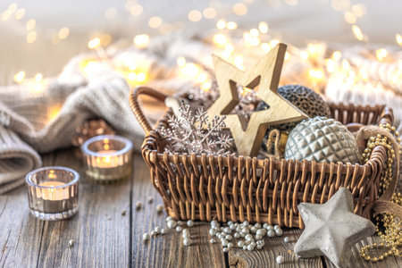 Christmas decorations in a basket. Composition with Christmas decorations.の写真素材