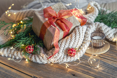 Christmas composition with a festive gift. Christmas concept.の写真素材