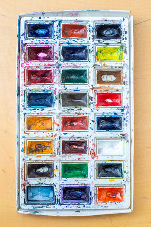 Palette with watercolors. Watercolor paints. Close-up.の写真素材