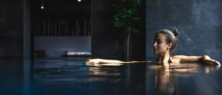 Attractive young woman in a black swimsuit is relaxing in the pool.の写真素材