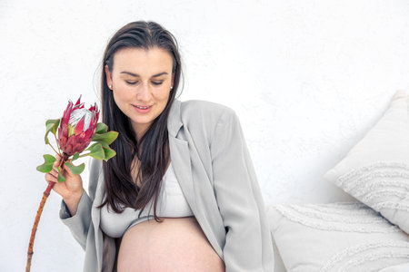 Beautiful stylish pregnant woman with protea flower. Pregnancy concept.の写真素材