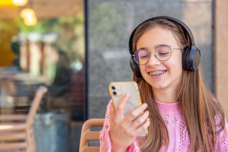 Happy teenage girl in headphones listening to music. Emotions concept.の写真素材