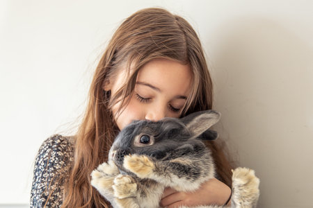 A girl with a rabbit. The girl holds a rabbit in her arms..の写真素材