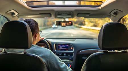 Driving the modern car on asphalt road. A young man drives a car.の写真素材