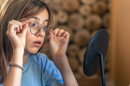 A beautiful girl in glasses looks at herself in the mirror.Morning routine.の写真素材