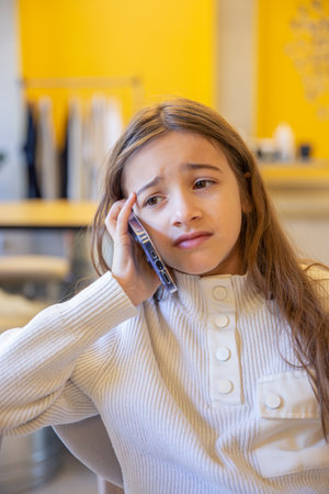 Sad girl talking on the phone. A girl with a phone.の写真素材