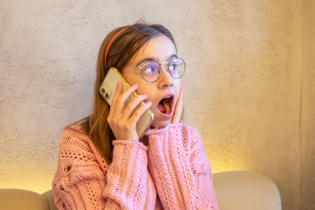 Surprised teenage girl talking on the phone. Emotion concept.の写真素材