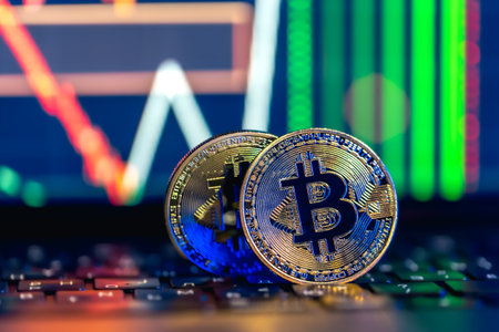 Golden Bitcoin coin on keyboard. Stock market trading chart online candlestick.の写真素材