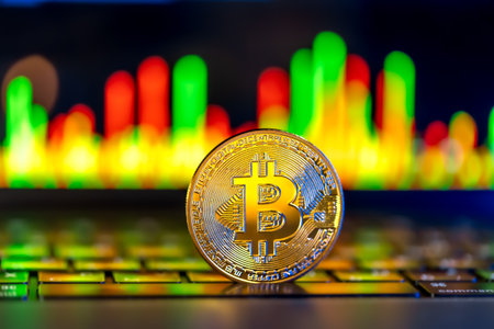 Golden Bitcoin coin on keyboard. Stock market trading chart online candlestick.の写真素材