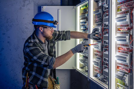 A male electrician works in a switchboard in overalls against the backdrop of emergency lighting.の写真素材
