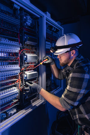 A male electrician works in a switchboard in overalls against the backdrop of emergency lighting.の写真素材