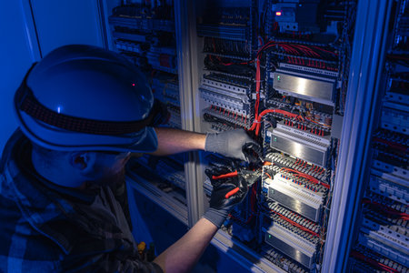 A male electrician works in a switchboard in overalls against the backdrop of emergency lighting.の写真素材