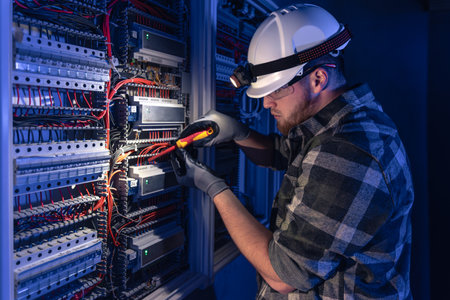 A male electrician works in a switchboard in overalls against the backdrop of emergency lighting.の写真素材